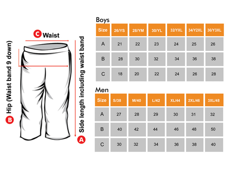 3/4th shorts Size Chart for boys & men