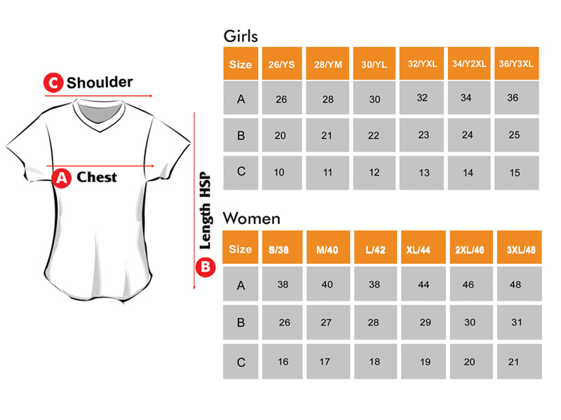 T-Shirts Jersey Size Chart for Girls-Women
