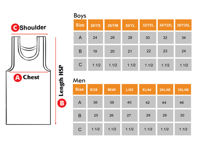 Normal Baniyan Size Chart for Boys & Men