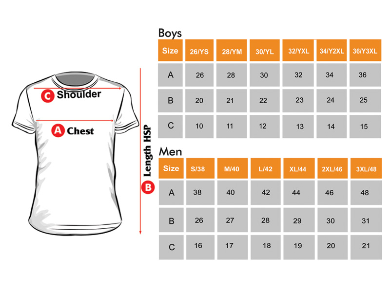 T-Shirt Jersey Size Chart for Boys & Men