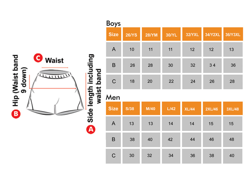 Kho Kho & Kabaddi Shorts Size Chart for Boys & Men