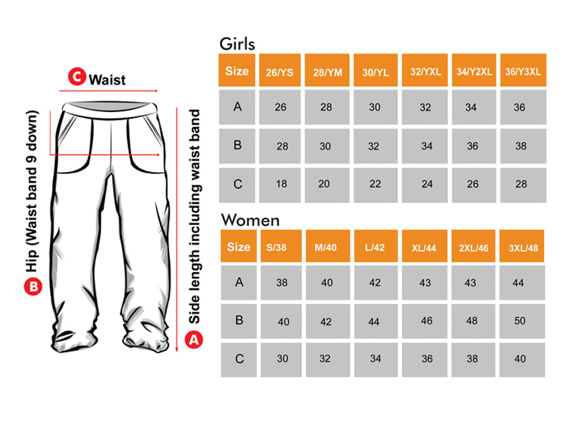 Track lower Size Chart for Girls & Women