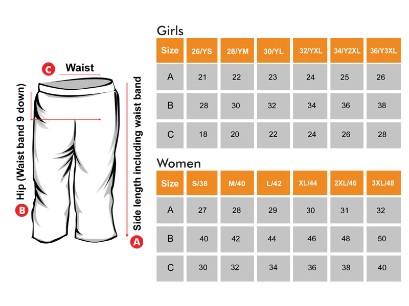 3/4 Shorts Size Chart for Girls & Women