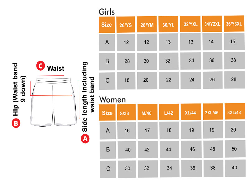 Shorts Size Chart for Girls & Women